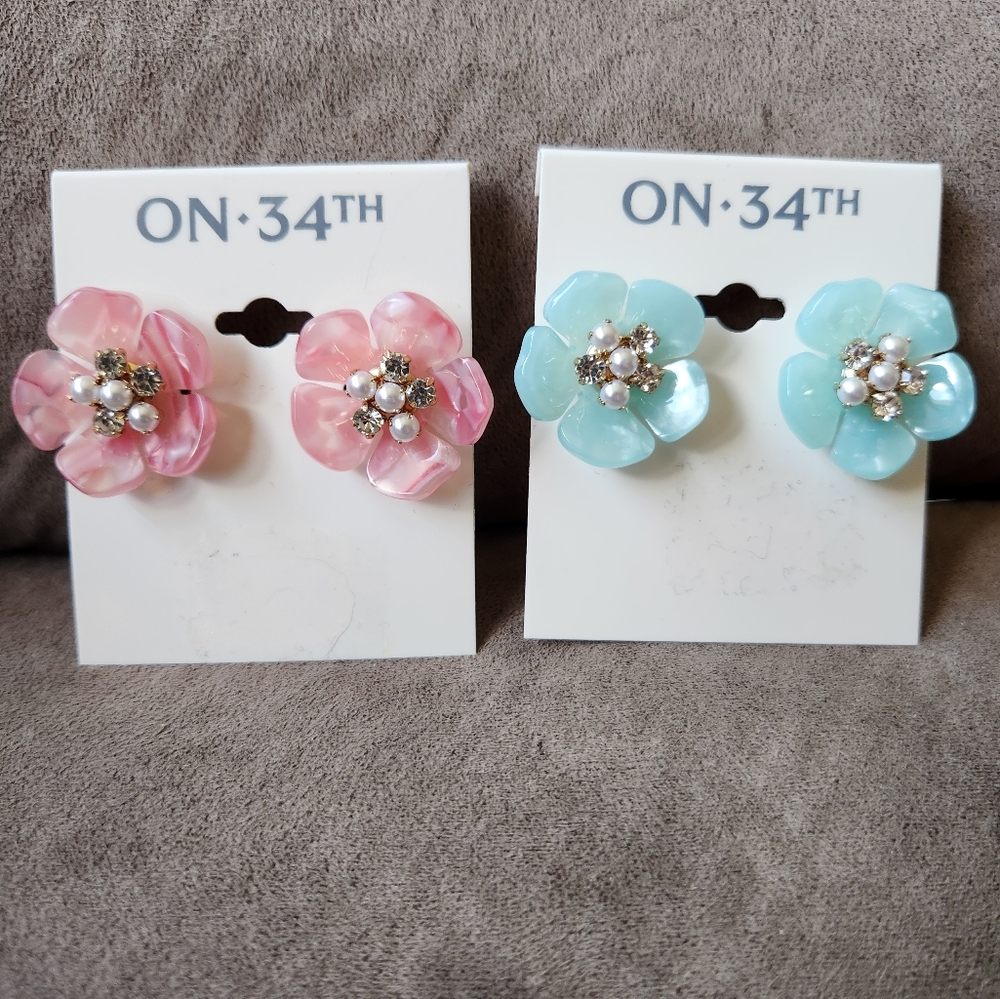 Macys On 34th Flower Earrings Set Of 2 Blue Pink Faux Pearl Clear Stone NWT